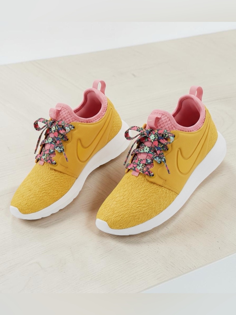 Nike Yellow Sneakers with Pink Collar and Floral Laces - Picture 2 of 11